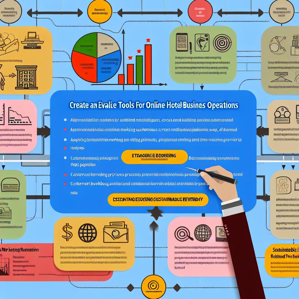 A detailed infographic showing strategies and tools for optimizing online hotel business, attracting customers, and increasing sustainable revenue.