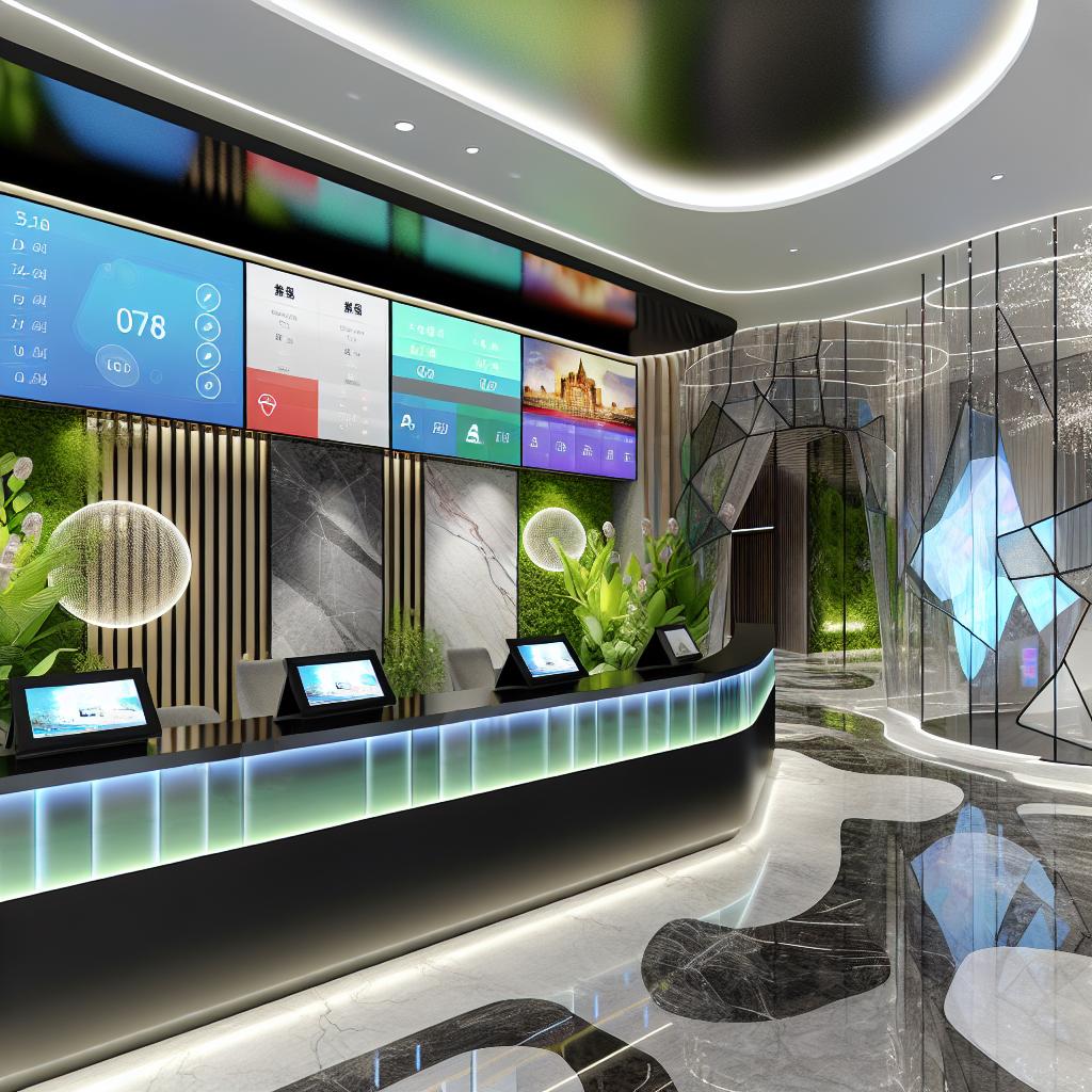An image of a modern hotel lobby with digital screens displaying room availability and a streamlined check-in process.